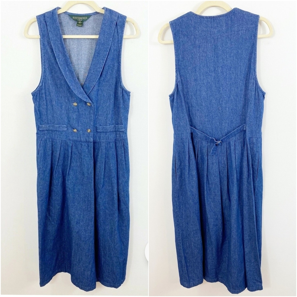 Vintage BUSHWACKER USA Sleeveless Double Breasted Denim Midi Dress